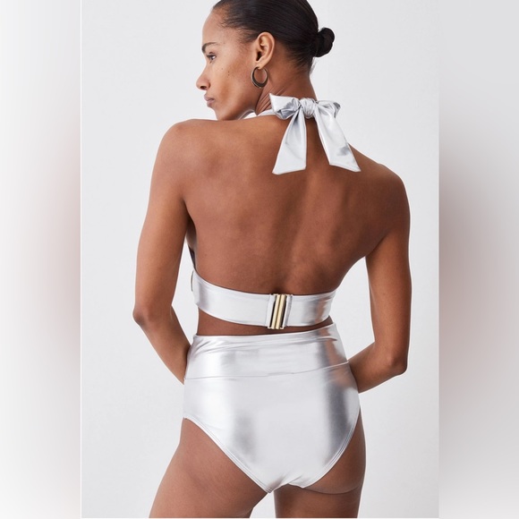 KAREN MILLEN 🆕 Silver Lame Eyelet Detail Halter Neck Bikini. Size XS. SOLD OUT! - Picture 4 of 5